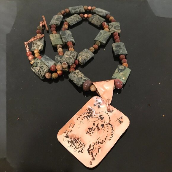 Copper Phoenix Eagle Dog Tag Mookite Jasper Necklace Long Gemstone - Picture 3 of 10